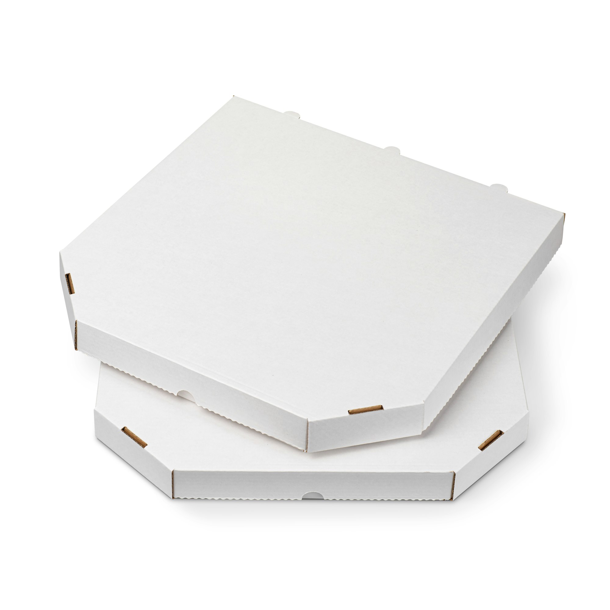 Two closed blank paper cardboard plain boxes for pizza isolated white. Fast food packaging.